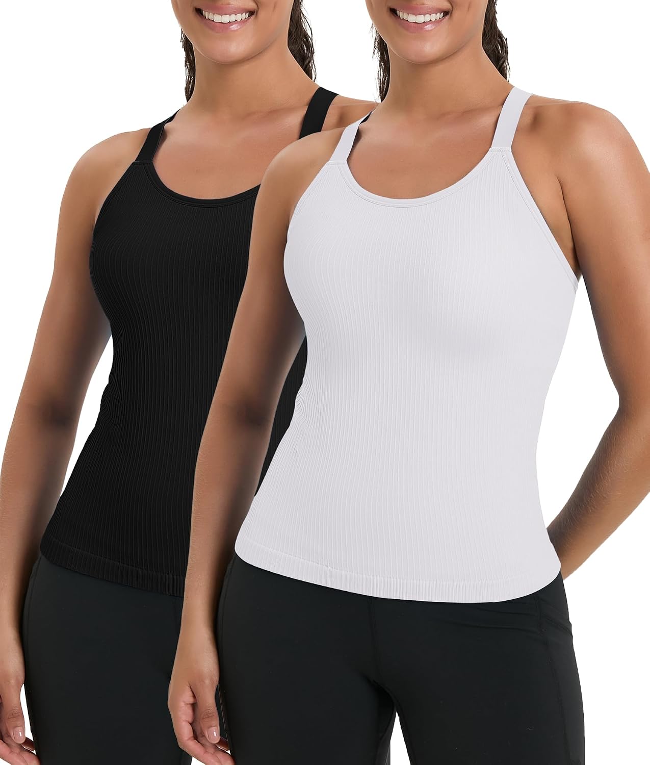 Womens 2 Pack Tank Tops with Built in Bra, Adjustable Racerback Yoga | Removable pads,Seamless,Ribbed Fabric,Soft stretch,Breathable,Low impact,Pilates,Gym,Light support,S-XXL