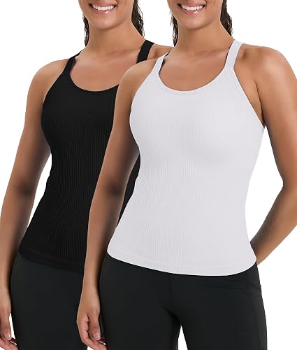 HIGHDAYS Women’s 2 Pack Workout Tank Tops with Built-in Bra,