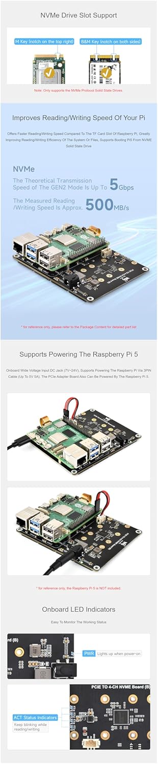 PCIe to 4-Ch NVMe M.2 Adapter Board for Raspberry Pi 5 | 4-Ch SSD Expansion | Boot Support | 7V-24V Power Input | LED Indicators