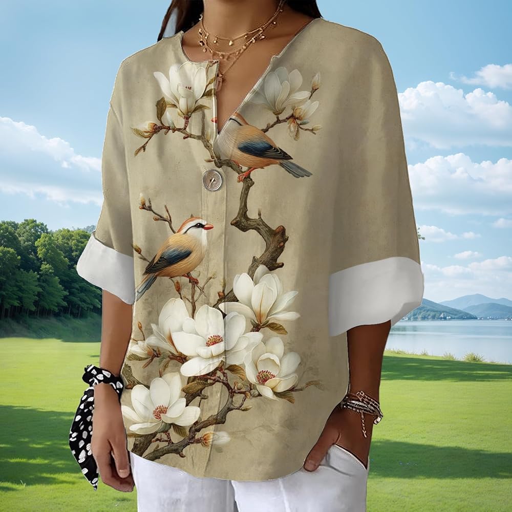 Xernbit Floral Bird Graphic Shirt Womens Casual Blouse