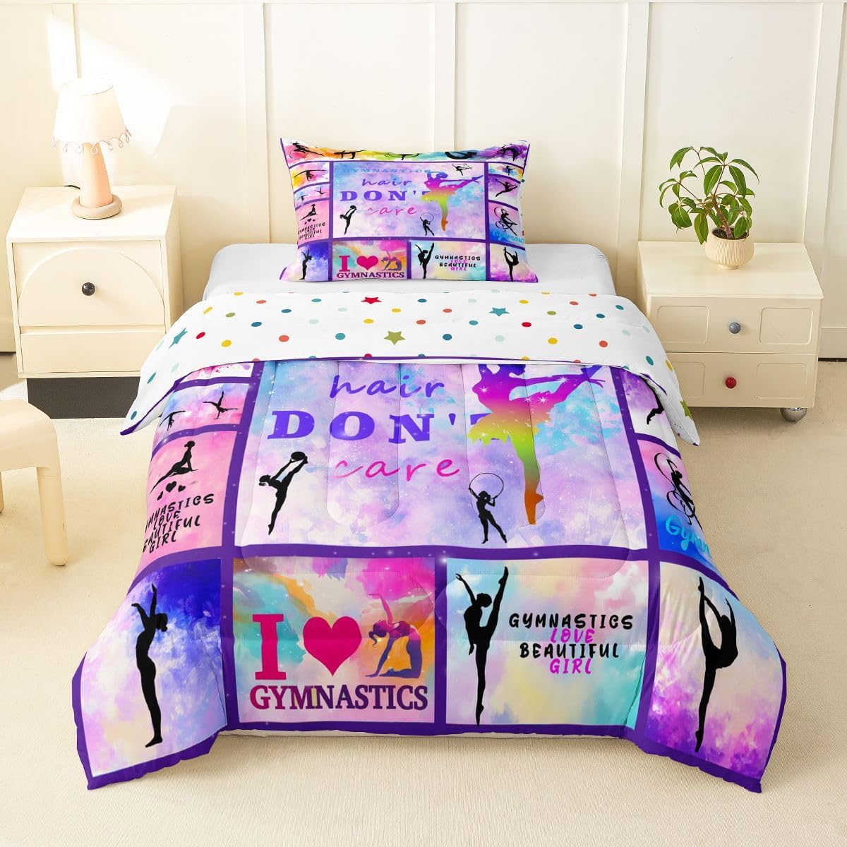 Erosebridal Gymnastics Gift Duvet Insert Twin Size, Gymnast Dancers Comforter Set Gifts for Gymnast Lovers, Watercolor Tie Dye Bedding Set Plaid Patchwork Quilted Duvet Bedroom Decor, Purple