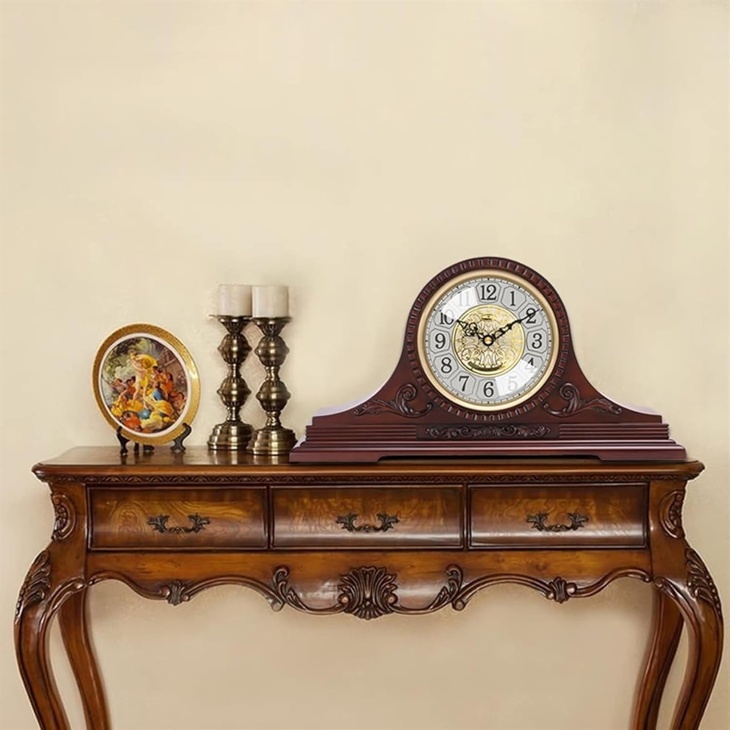 Vintage Mantel Clock Silent Table Clock, Rustic Shelf Clock Solid Wooden Chiming Clock, Antique Desk Clock, Living Room Shelf Decorative Mantel Clock Suitable for Mantel/Desktop, Fireplace Decor