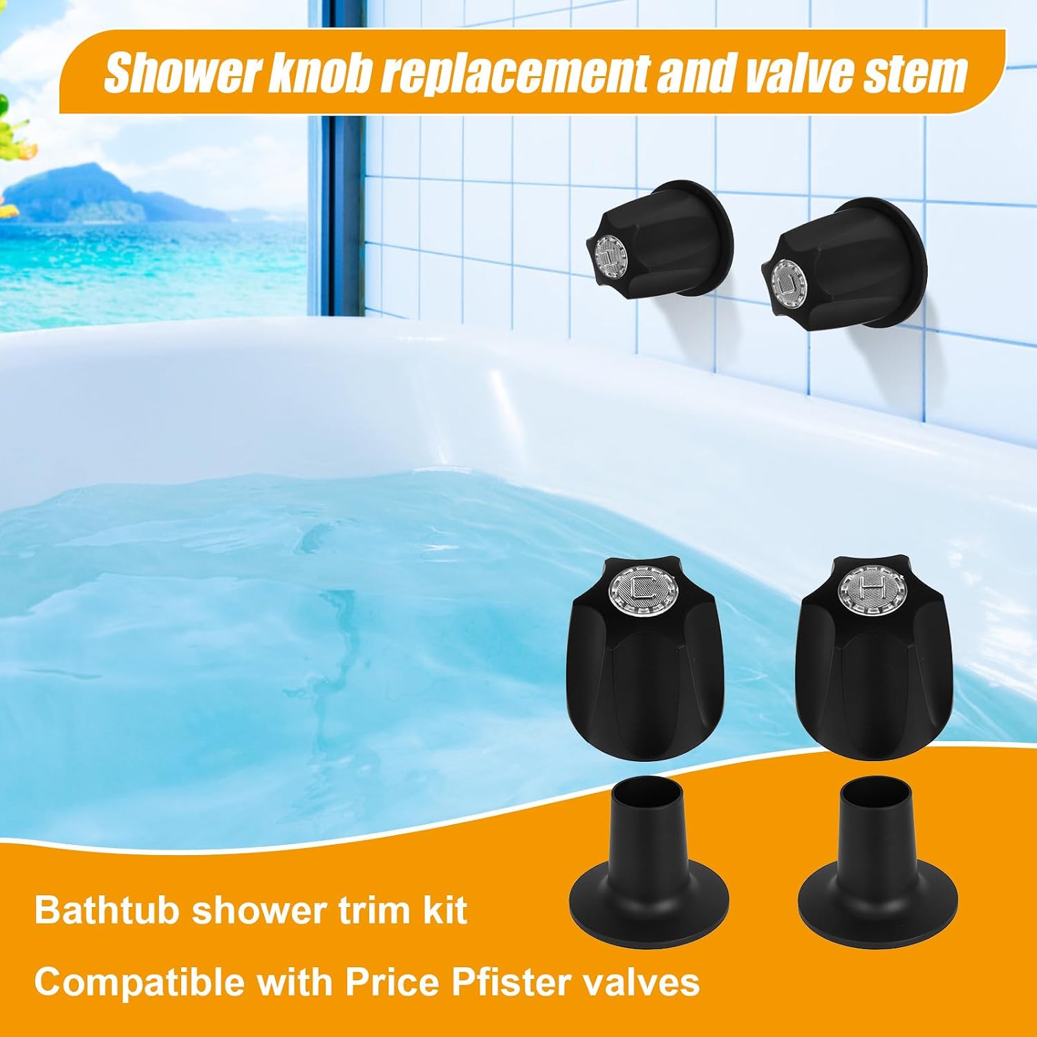 Bathtub Shower Trim Kit, Metal Matte Black Bathtub Shower Knob Replacement Accessories Parts Kit Include Flange Bases Valve Stems, Compatible with Price Pfister Verve