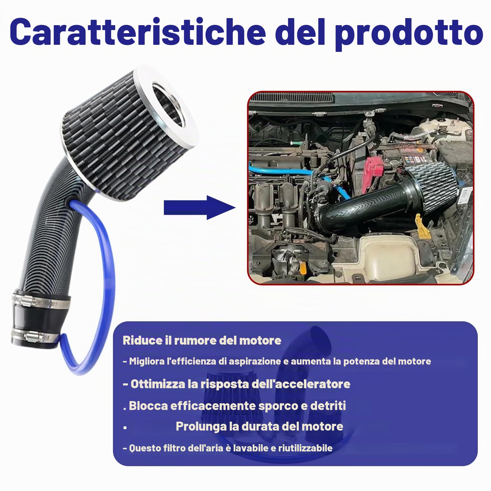 Kit filtro di aspirazione aria fredda – Kit di induzione dell'aria da 3" 76mm, filtro a cono universale performance con tubo in lega di alluminio, sistema di tubi flessibili di aspirazione per