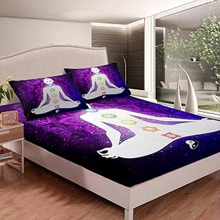 Feelyou Yoga Bed Sheet Set for Girls Woman Chakra Print Bedding Set Adults Boho Mandala Fitted Sheet Purple Galaxy Bed Cover,Room Decor 2Pcs Sheets Twin Size