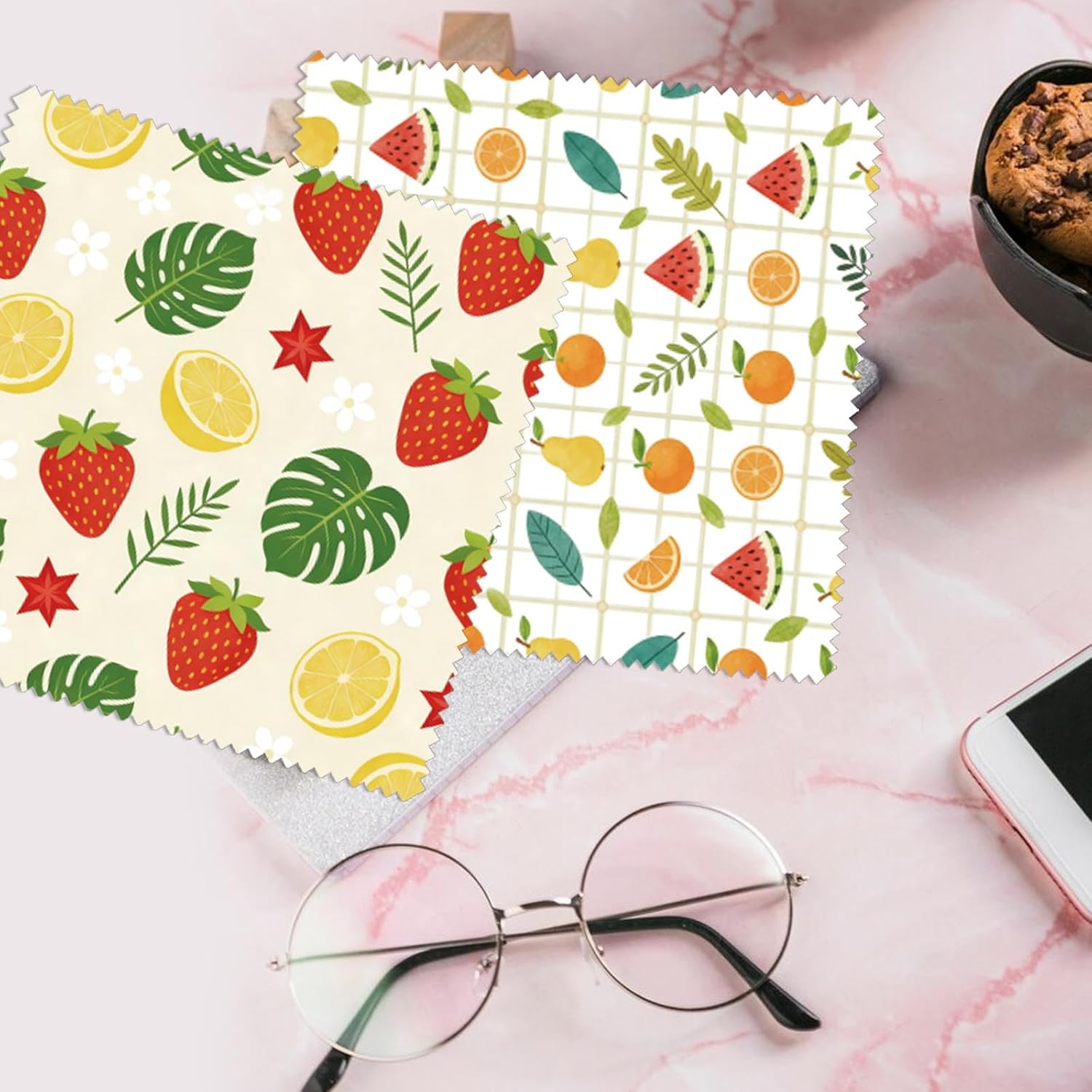 FREEBLOSS 24pcs Glasses Cleaning Cloth Microfiber Cleaning Cloth for Glasses Eyeglasses Reusable Thick Cleaner Cloths Soft Wipes for Camera Lens Phone Screens Fruit Pattern 6.3 x 6.3inch