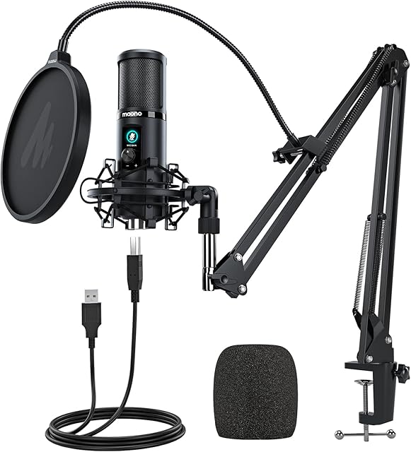 Condenser Microphone with One-Touch Mute MAONO AU-PM421 Professional Cardioid Podcast USB Mic 192KHZ/24BIT and Mic Gain Knob for Broadcasting, Recording, Gaming,YouTube