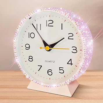 Shiny 4.5" Analog Alarm Clock,Bling Small Silent Retro Desk Clock,Metal Glitter Clock Table Decor for Living Room, Bedroom, Bedside, Shelf Pink