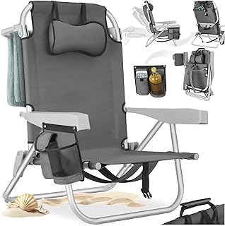 tectake® Silla Playa Plegable con Respaldo Ajustable, Estructura de Aluminio, Función Mochila, Silla Camping Ligera, Ideal cómo Sillas Playa o Sillas Plegables Camping para Relax - 1 Unidad Gris