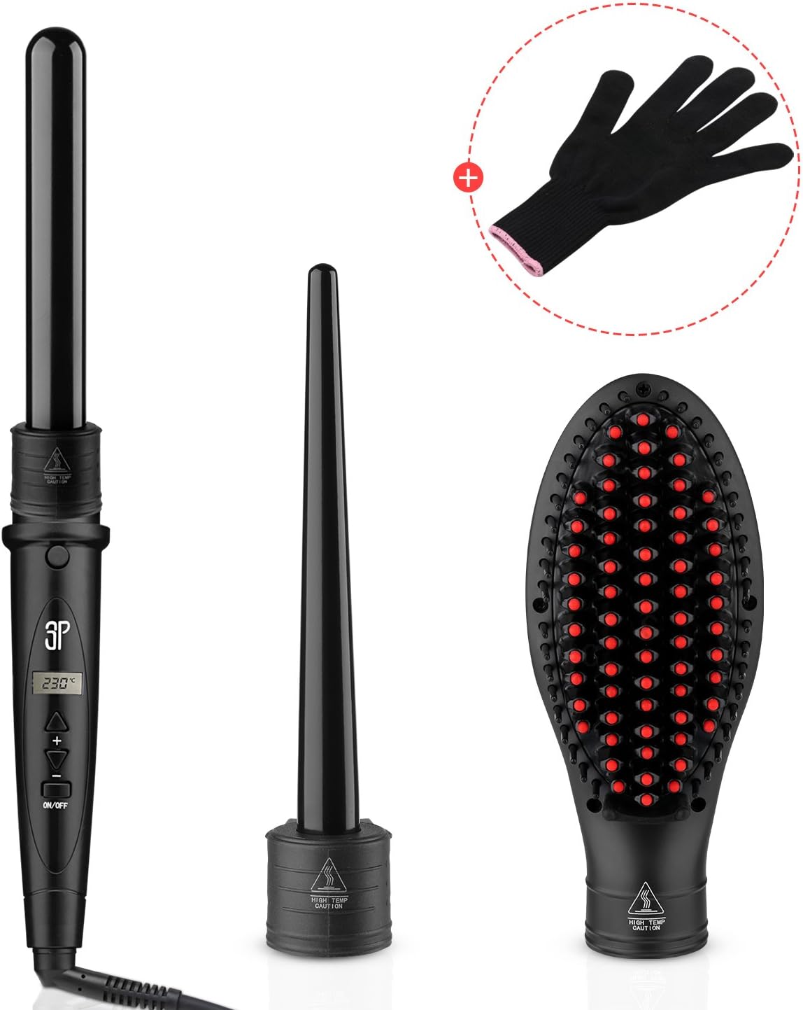 LOETAD Curling Tongs 3 in 1 Hair Curlers Curling Wand Set with 2 Interchangeable Tourmaline Ceramic Barrels 1 Hair Straightener Brush and Glove