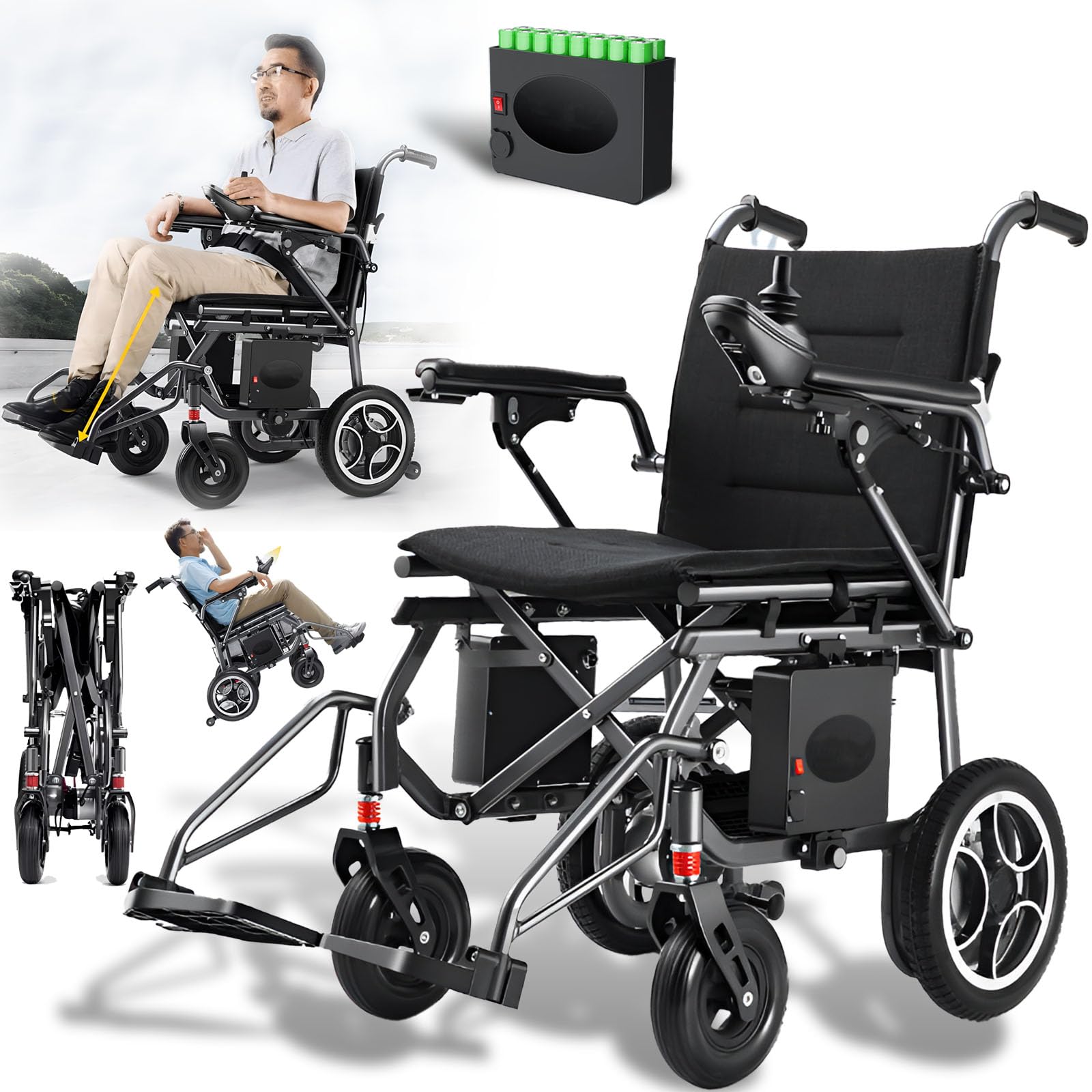 Carrozzine Leggere Pieghevoli Motorizzate, Carrozzine Elettriche Per Adulti, Carrozzine Intelligenti Portatili A Doppio Motore Da 180W, 150Kg,Nero,10ah
