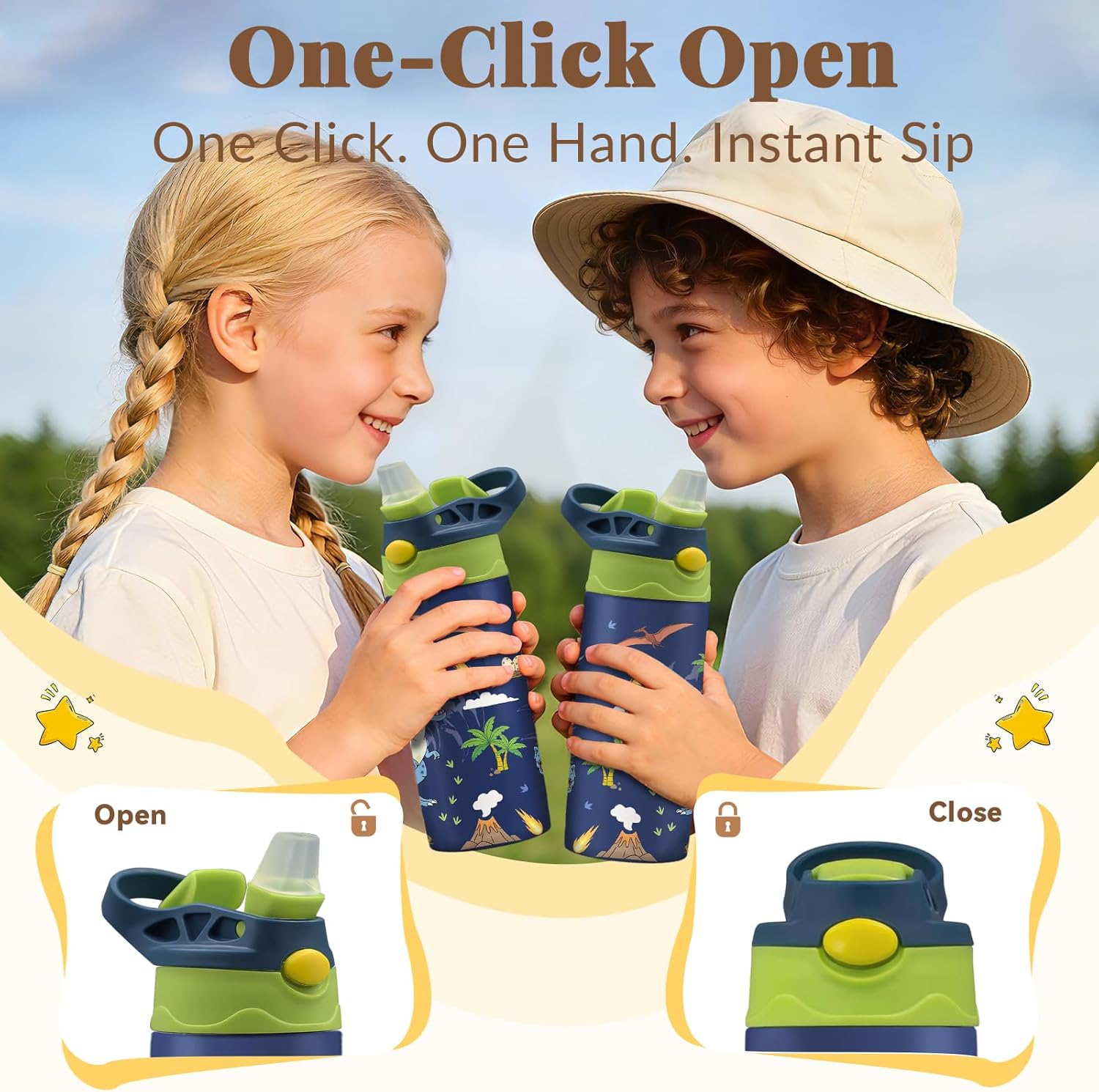 Dinosaur Gifts for Boys Girls - 12oz Kids Water Bottle with Straw, Dino Stainless Steel Water Bottle, Insulated, Leak-proof, BPA-free, Pop-up Straw Lid, for School - Children Birthday Gift Cup(1pc) - Image 4