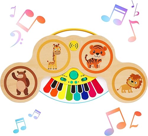 Miniatura 8 de Juego de piano de tambor para bebés y niños, 2 en 1, instrumentos musicales Montessori, juguetes para niños pequeños con canciones y luces,