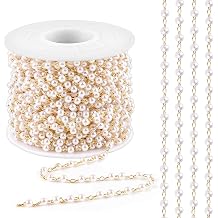 Worldity 49.21 Feet 3mm Gold Plated Pearl Beads Chain, Stainless Steel Beaded Chain for Jewelry Making, ABS Plastic Artificial Pearl Chains Bulk for DIY Crafts, Floral, Wedding, Party Decor