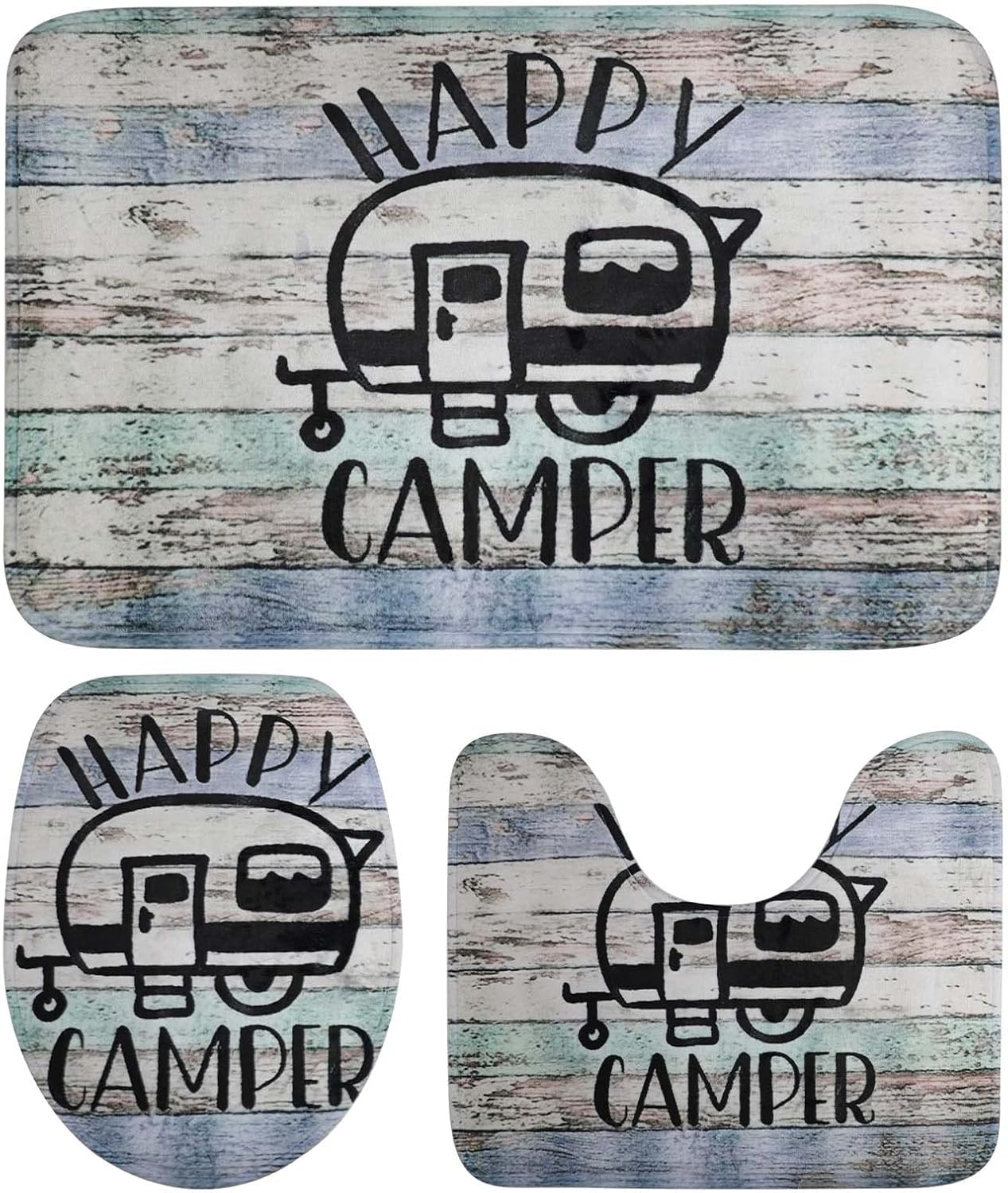 Syhonic Bathroom Rugs Sets 3 Piece, Happy Camping Bath Rug, Contour Mat and Toilet Seat Cover, Super Soft Non-Slip Bath Mats for Bathroom Floor, Tub and Shower Room