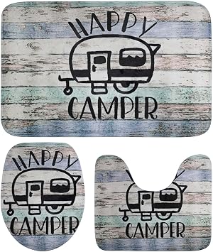 Syhonic Bathroom Rugs Sets 3 Piece, Happy Camping Bath Rug, Contour Mat and Toilet Seat Cover, Super Soft Non-Slip Bath Mats for Bathroom Floor, Tub and Shower Room