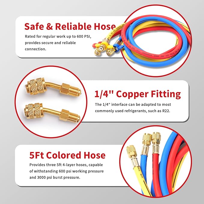 Juego de Manómetros para HVAC R22/R410a/R134a, 3 Vías con Válvulas de Seguridad miniatura 4