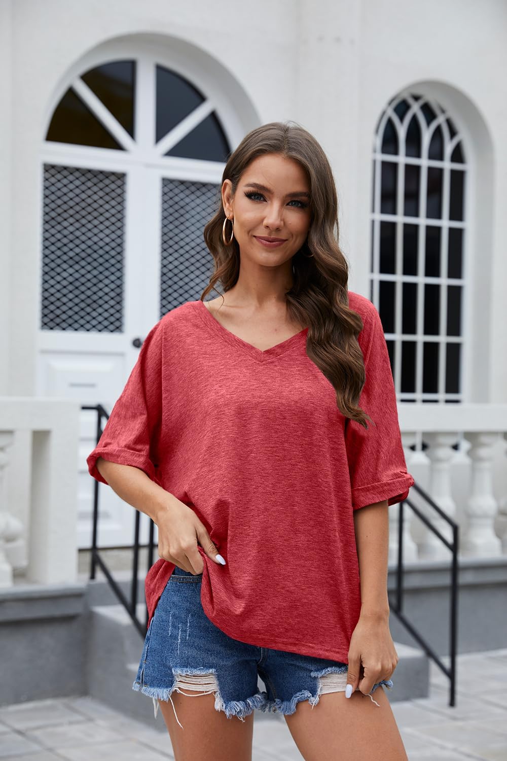 UNCLECAT Women's V Neck Oversized T-Shirts Summer Short Sleeve Shirts Loose Casual Tops Tee - Image 3