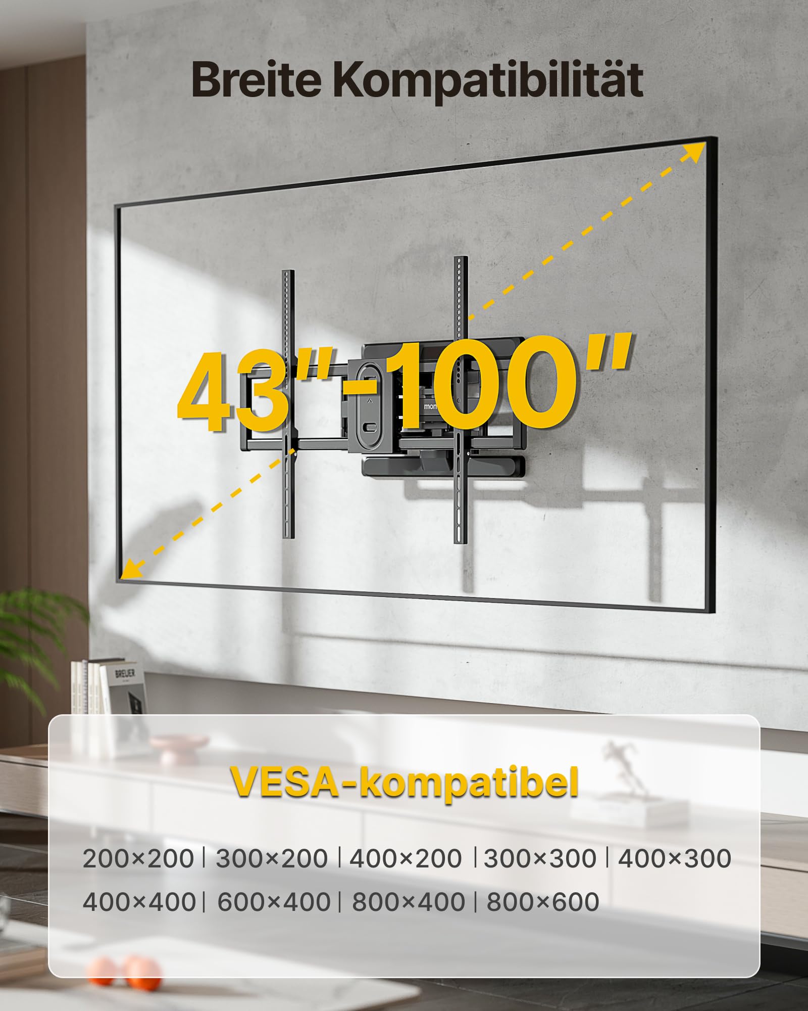 monTEK Soporte TV de Pared 60~100", VESA 800×600mm máx. Carga Máx.60kg | Soporte De Televisor De Pared, Soporte De Pared,Brazo Articulado,Inclinación,Rotación,Placas de pantalla/Incurvés