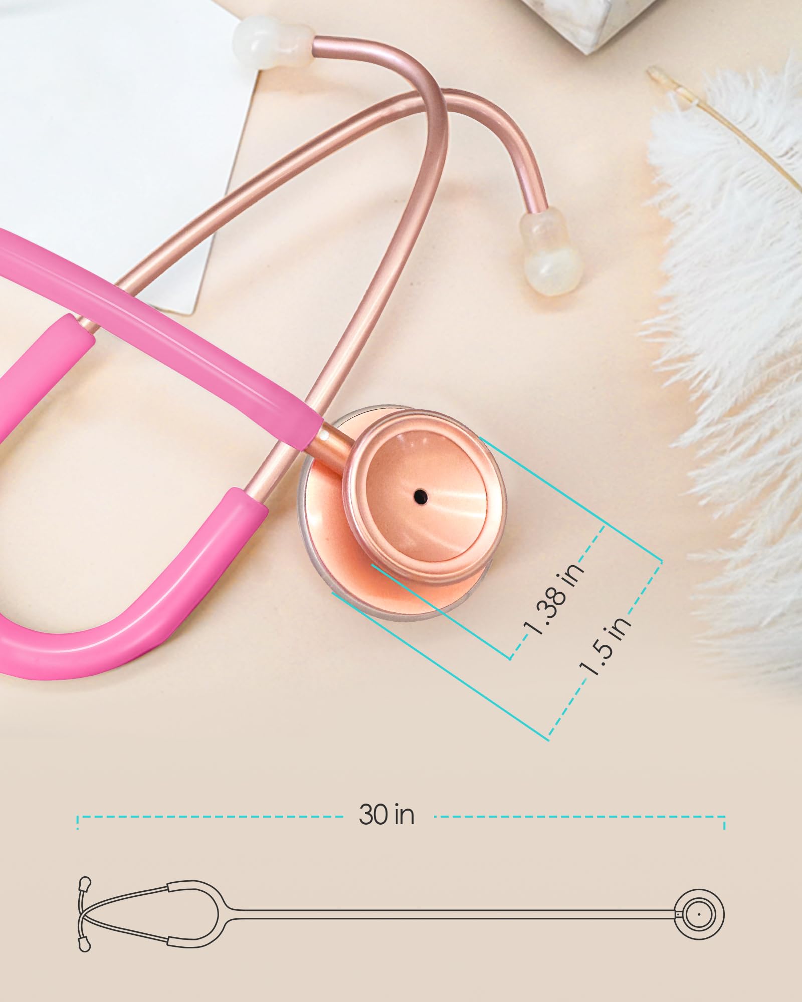 Estetoscopio de oro rosa, regalo para enfermeras, médicos y estudiantes de medicina, doble cabeza para uso doméstico con accesorios etiqueta de nombre, rosa perla, con funda de EVA