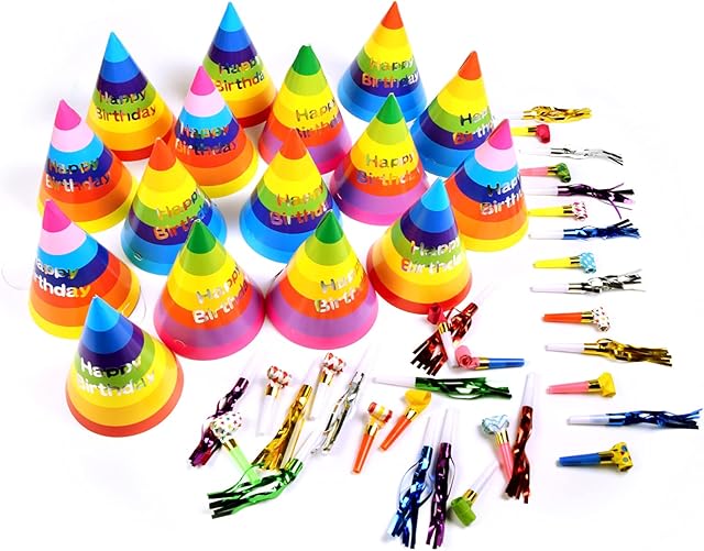 ToysButty 48 Ultimate Party Poppers Kit with 16 Rainbow Birthday Party Cone Hats, 16 Noisemakers Blowouts Whistles, 16 Color Tassel Horns Decorations Supplies for Kids & Adult, Boys Girls