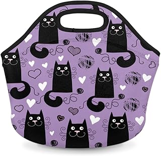 Aglebo Cute Black Cat Reusable Neoprene Lunch Bag for Women Men Lightweight Lunch Box Cooler Bag Washable Thermal Insulate...