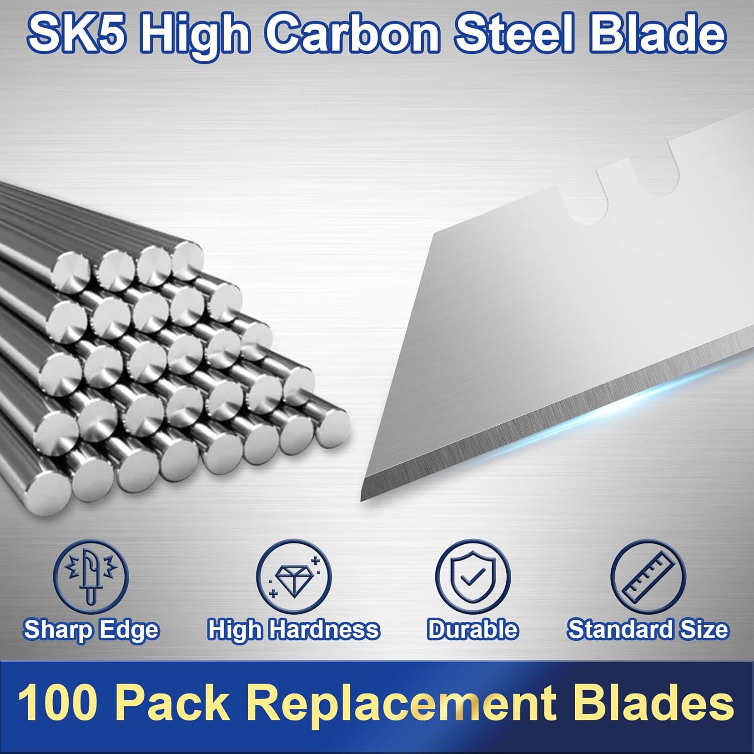 JETMORE 100 Pack Utility Knife Blades, Box Cutter Blades with Dispenser, SK5 High Carbon Steel Heavy Duty Utility Knife Replacement Blades, Standard Size Sharp Blade for Most Box Cutter
