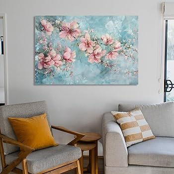Amazon.co.jp: 絵画 水色の背景に桃の花 アートパネル ポスター