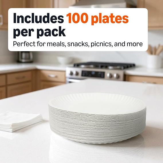 Amazon Basics 9 Uncoated White Paper Plates, Microwave Safe, Commercially Compostable, 1200 Count (Pack of 12)
