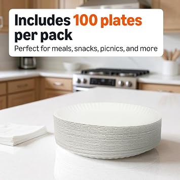 Amazon Basics 9 Uncoated White Paper Plates, Microwave Safe, Commercially Compostable, 1200 Count (Pack of 12)