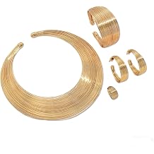 African Jewelry Sets for Women - Gold Bib Choker Collars Cuff Bracelet Geometric Earrings Necklace Set Punk Stylish Jewelry for Women