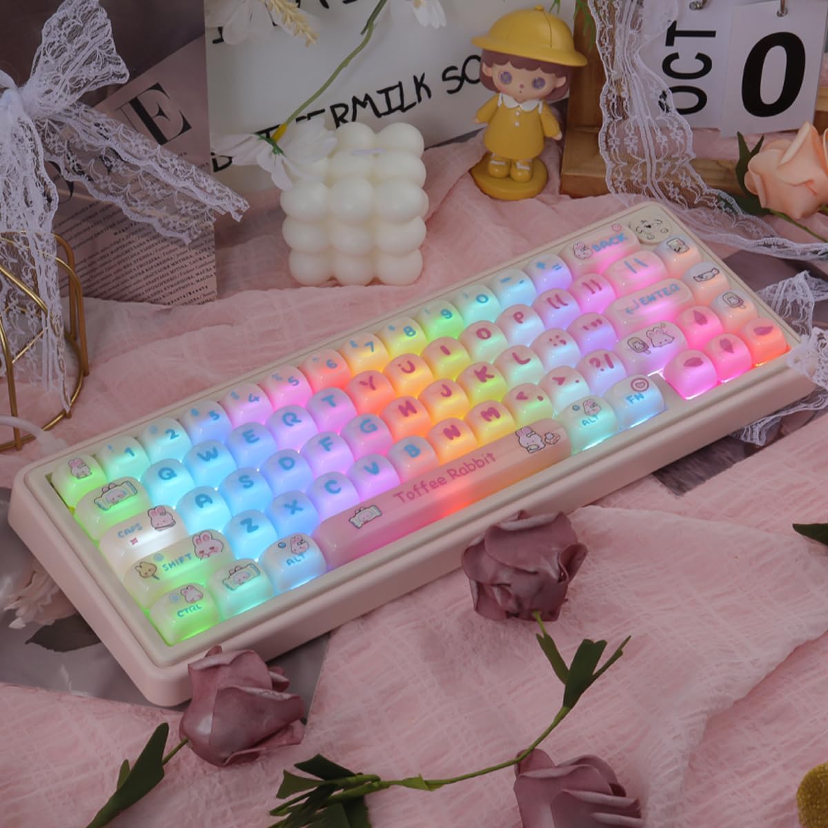 Tsungup Cherry Blossom MOA Keycaps-Pink Sakura,129 Keys Cute PBT Custom Keycaps 100 Percent,Dye Sub Key Caps Keyboard Keycap Set for MX Switches Mechanical