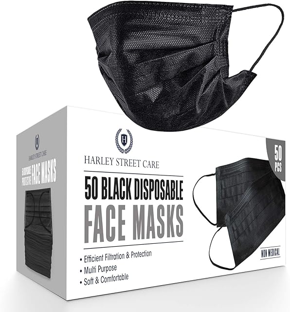 Harley Street Care Disposable Black Face Masks Protective 3 Ply Breathable Triple Layer Mouth Cover with Elastic Earloops (Pack of 50)
