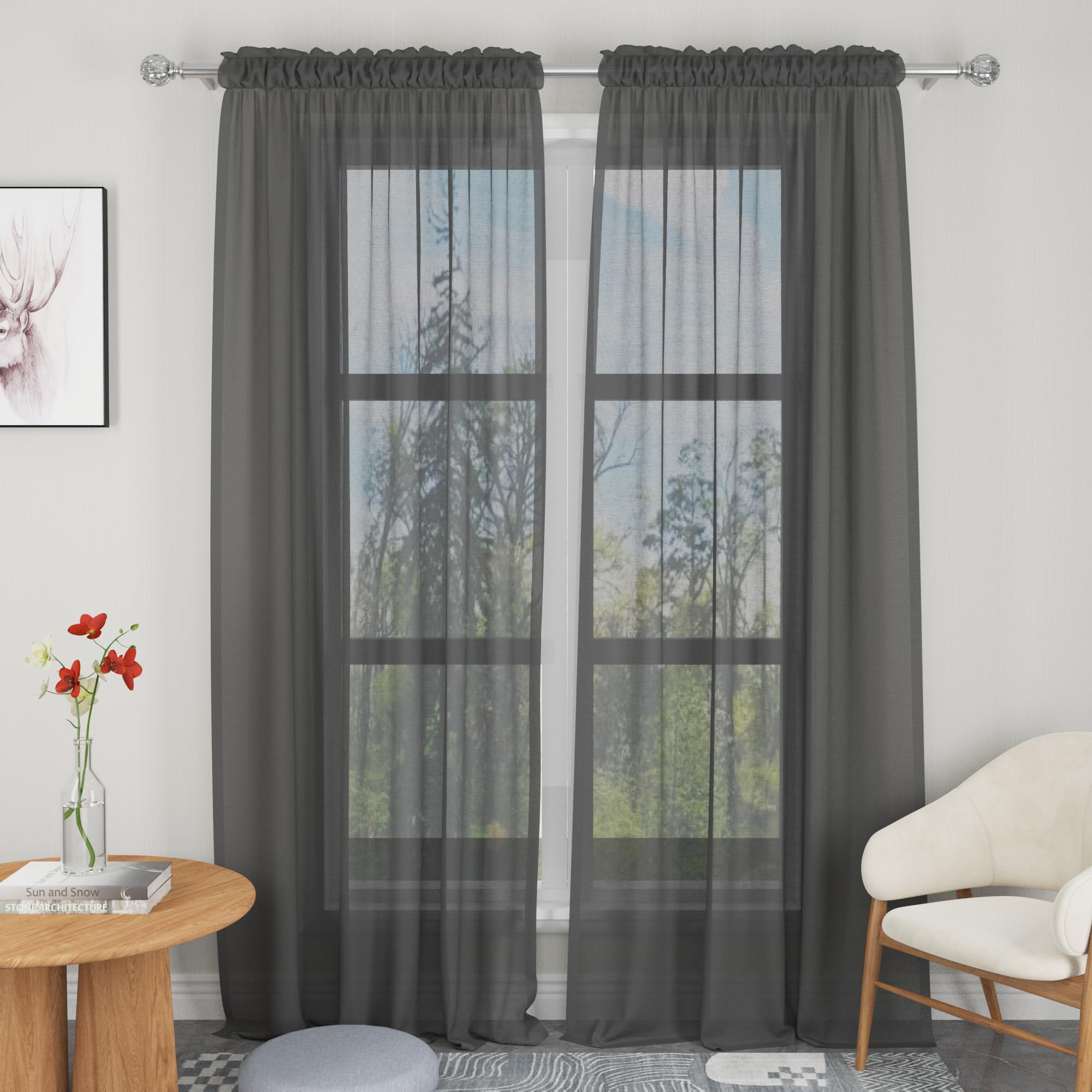 LKTCOBTAC Dack Grey Sheer Curtains 90 inches Long Sheers Living Room Voile Bedroom Kitchen Basement Linen Textured Window Curtain Panels Drapes Light Filtering Rod Pocket 2 Panels 52"x90"