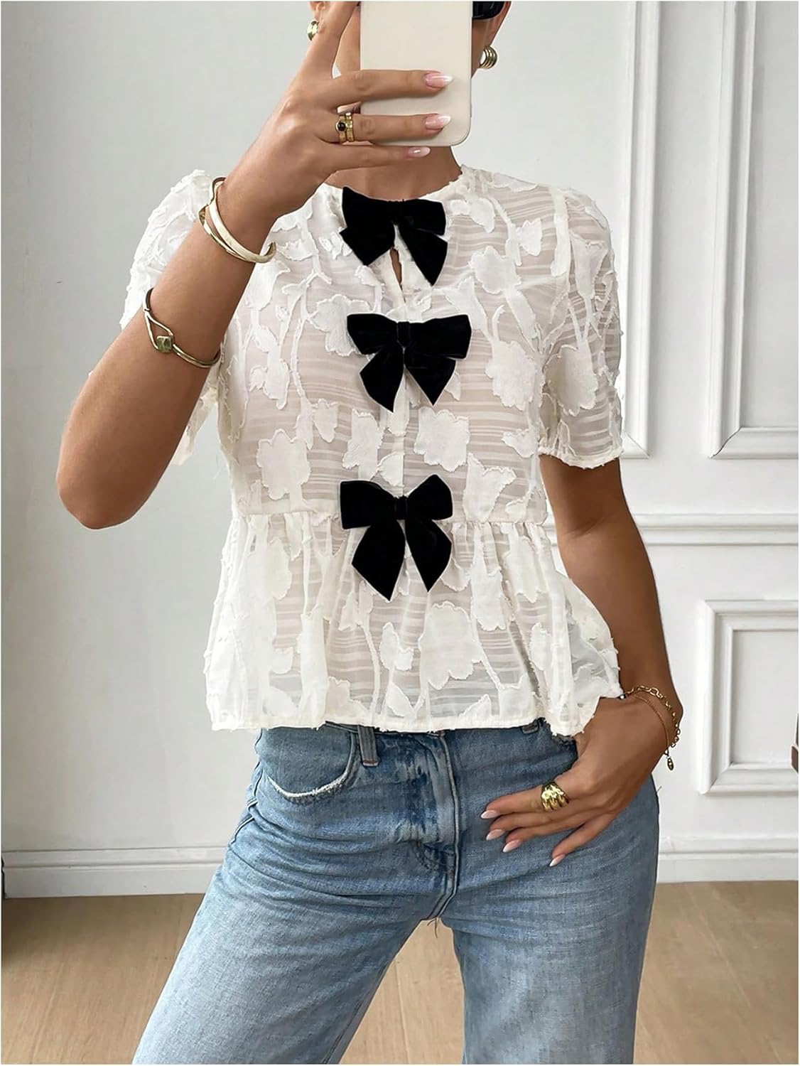 GORGLITTER Women's Floral Peplum Tops Bow Sheer Short Sleeve Blouses Dressy Cute Babydoll Tops Summer Going Out Outfits - Image 4