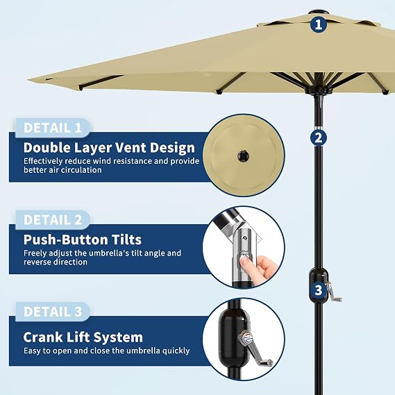 9 ft Patio Umbrella - 8 Sturdy Ribs Outdoor Table Umbrella with Crank Lift & Push Button Tilt - Market Umbrella for Pool, Deck, Yard, Garden - Beige