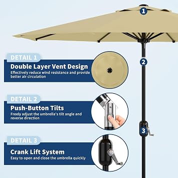9 ft Patio Umbrella - 8 Sturdy Ribs Outdoor Table Umbrella with Crank Lift & Push Button Tilt - Market Umbrella for Pool, Deck, Yard, Garden - Beige