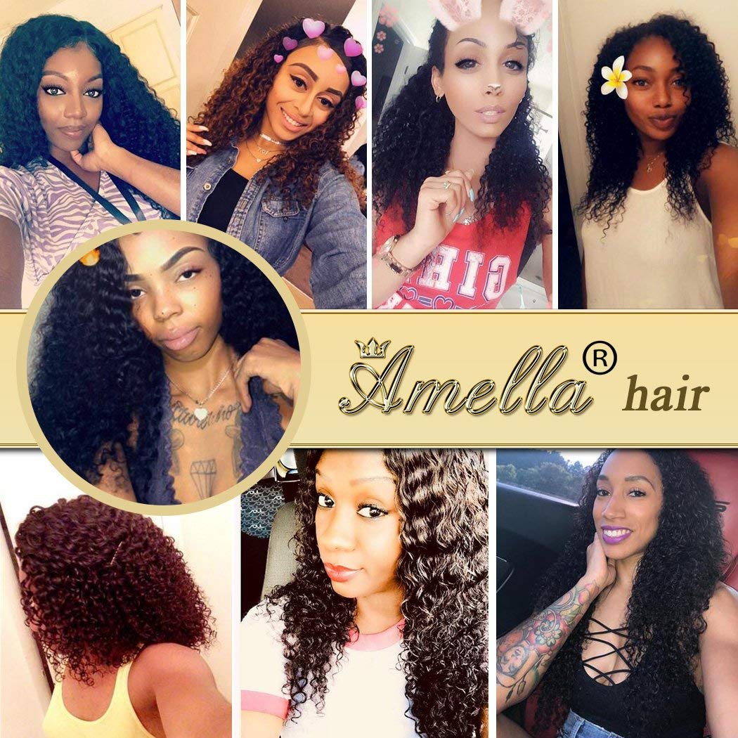 Amella Hair 8A Brazilian Virgin Curly Weave Human Hair Bundles 20 22 24 26Inch 400g Brazilian Remy Virgin Kinky Curly Hair 4 Bundles 100% Unprocessed Virgin Remy Human Hair Bundles Natural Black