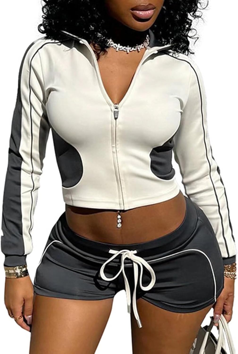 Uni Clau Two Piece Sets for Women Casual Long Sleeve Crop Top Zipper Jacket Shorts Set Workout Sets Lounge Set Tracksuit