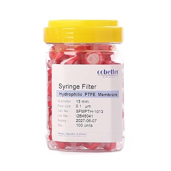 100 Pack Syringe Filter PTFE Hydrophilic Lab Filters 0.1m Pore Size 13mm Diameter Filtration Non-sterile Red