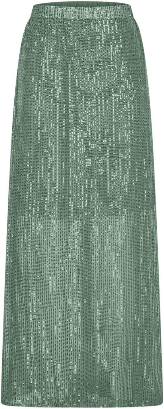 Womens Sequin Maxi Skirt with Elastic Waistband - Sparkling Ankle-Length Skirts for Wedding Guest and Party Skorts