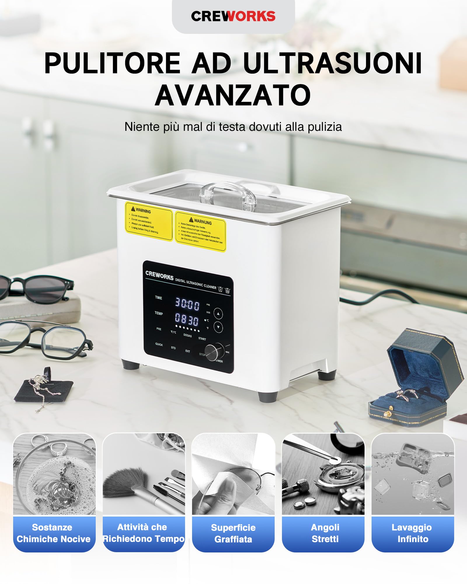 CREWORKS 3L Pulitore Ultrasuoni Digitale 120W Vasca Ultrasuoni con Modalità Degas e 7 Livelli di Oscillazione 3 Modalità 100W Riscaldatore e Timer per Orologi Occhiali Uso Domestico
