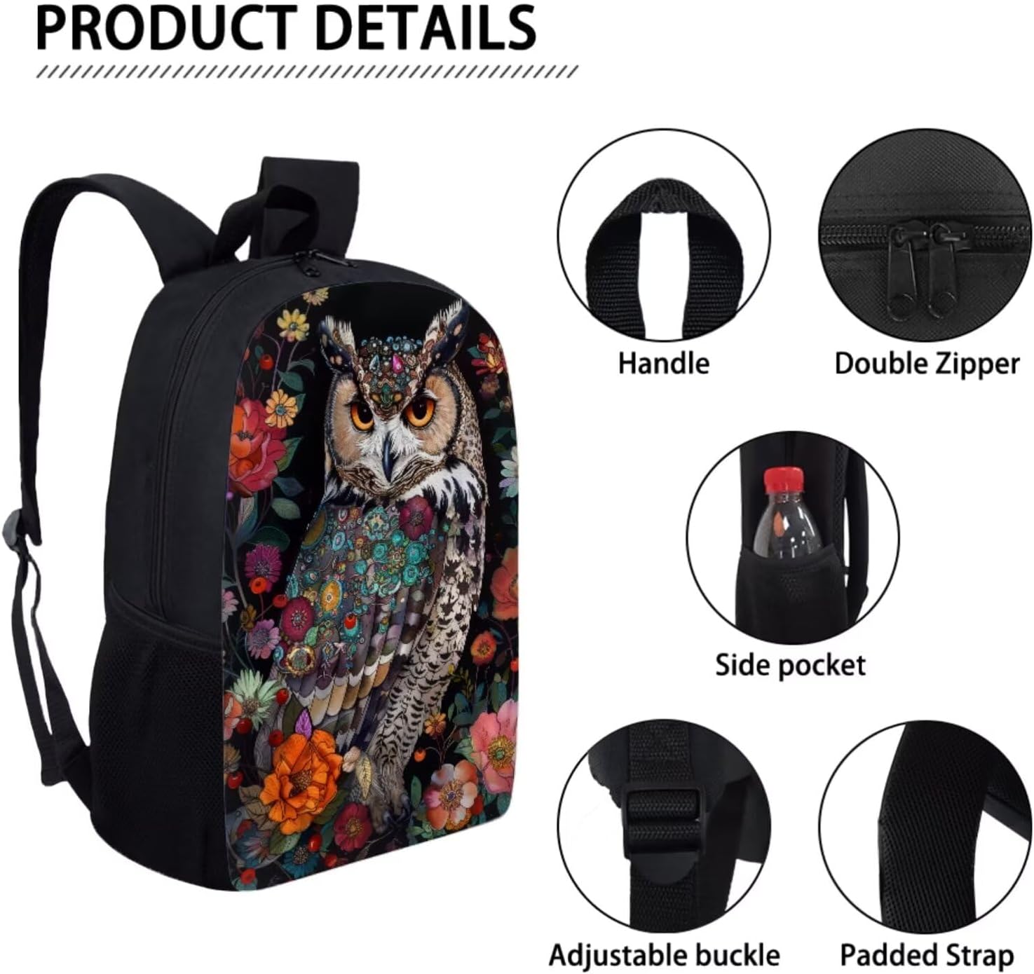 Nostalgic Floral Owl Backpack for Girls Boys 17 Inch Bookbag with Insulated Lunch Bag Pencil Case Kids Cute Animal Print Backpack with Lunch Box Padded Back School Bag Black