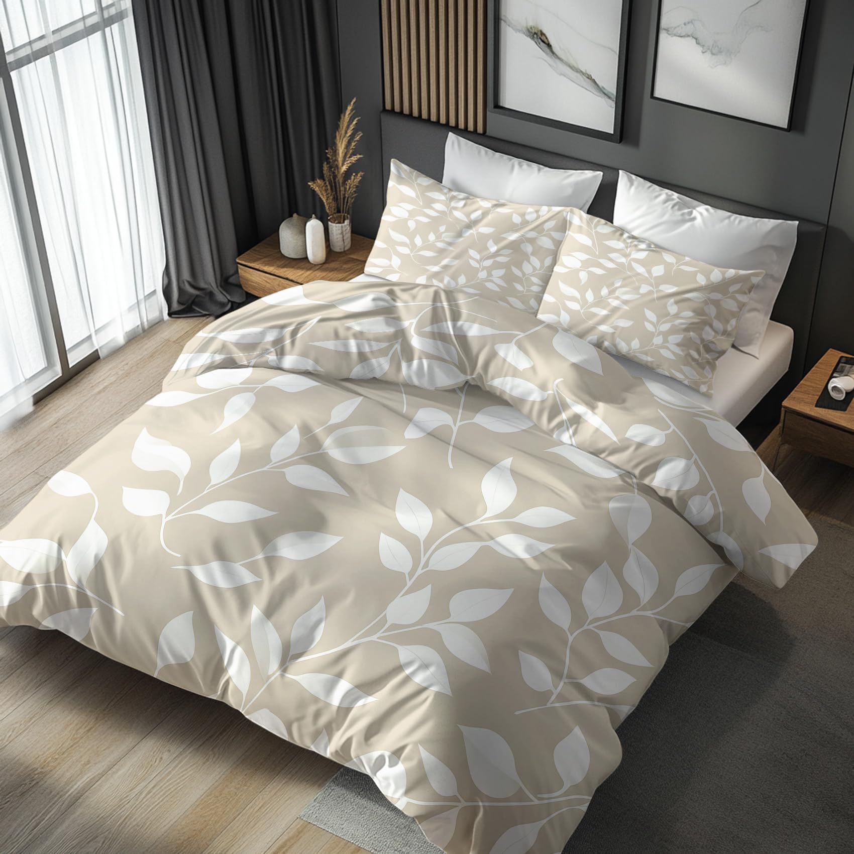 NOGAWA Leaf Emperor Duvet Cover Sets - Khaki Bedding Set - Reversible Quilt Cover & 2 Pillowcases with Zip and Ties, Ultra Soft and Non Iron Brushed Microfibre Bed Set 290 x 235
