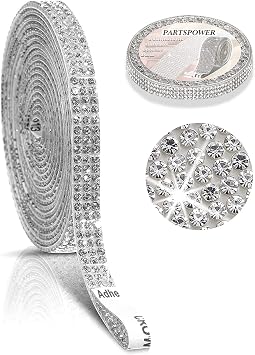 PARTSPOWER 3 Yards Adhesive Rhinestone Ribbon Strips Roll, Crystal Bling Rhinestone Diamond Stickers Tape, Decorative Rhinestone Stickers for Craft DIY Gift Decoration Silver, 0.25 Inch x 3 Yards