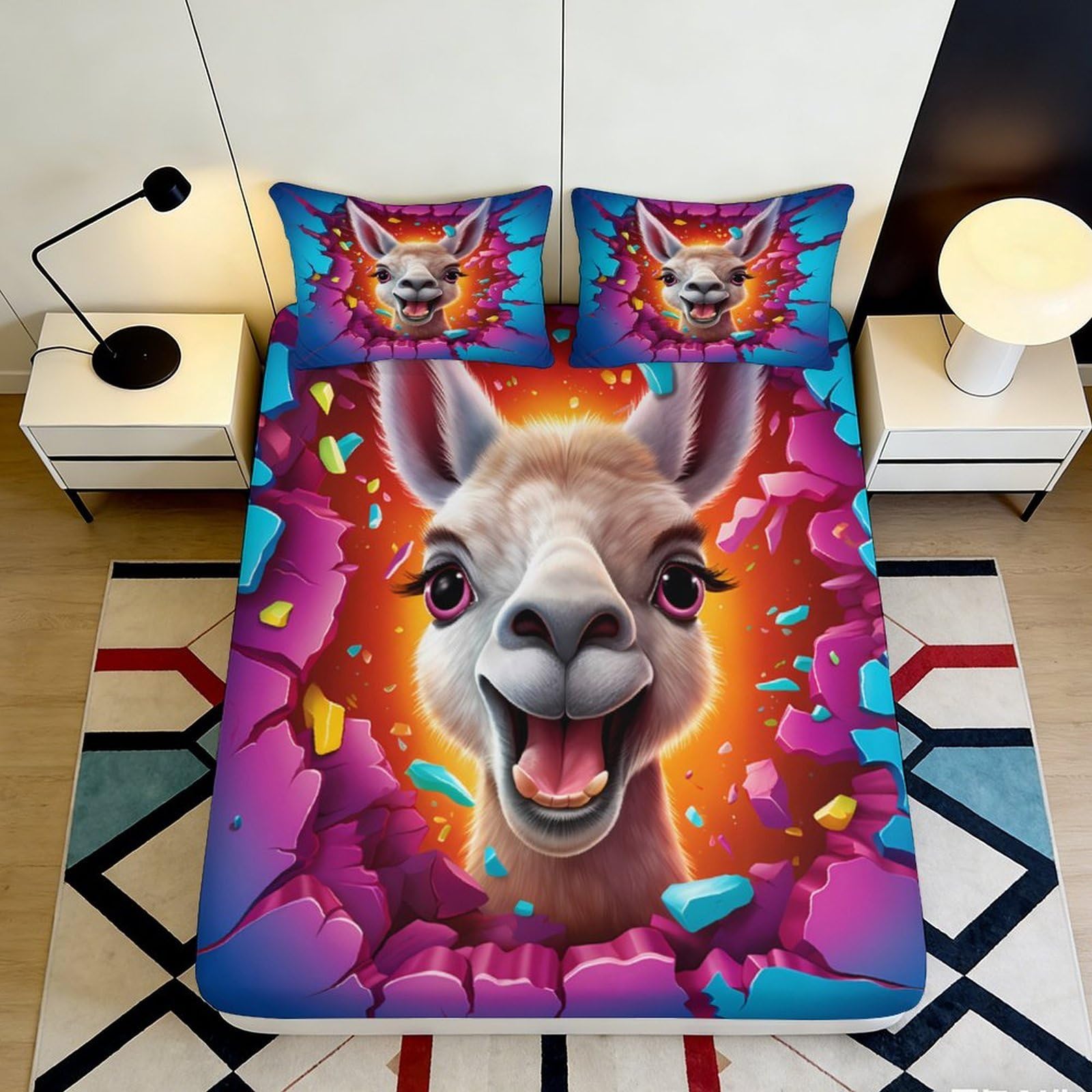 3D Printed Cartoon Llama Fitted Sheet Microfiber Deep Pocket Non-Slip Llama Mattress Fitted Cover Bedroom Bedding Washable 200x200x25cm