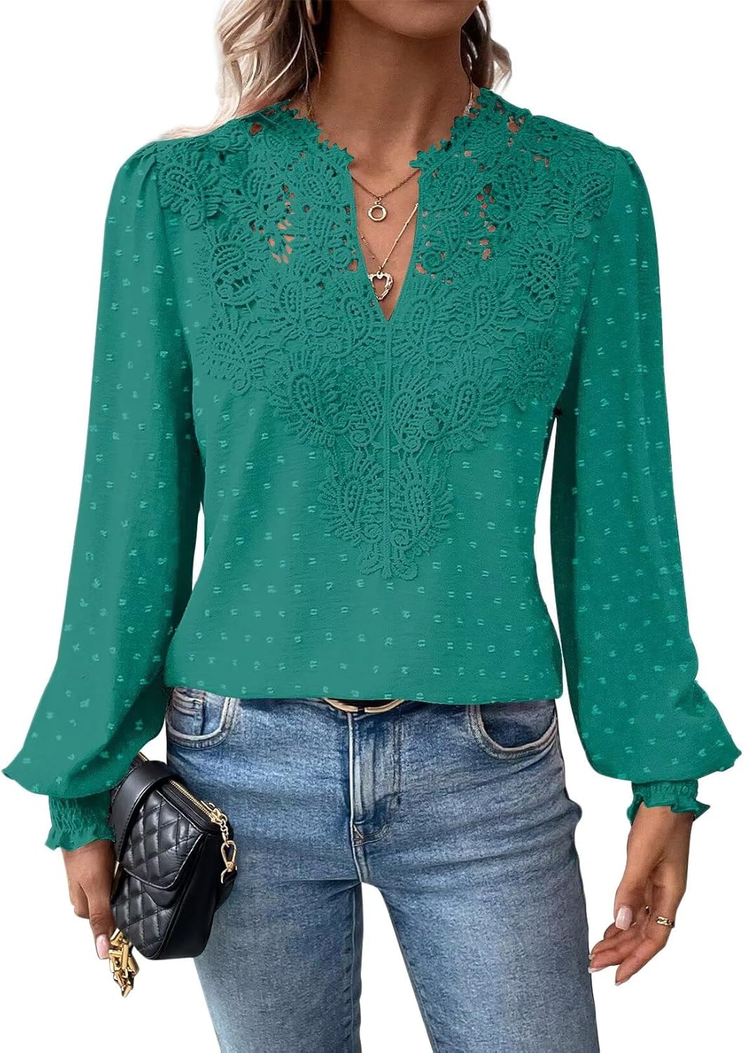 Falechay Womens Tops Swiss Dot Boho Long Sleeve Shirts V Neck Casual Chiffon Blouses Flowy Lace Hem Cute Clothing Trendy 2026