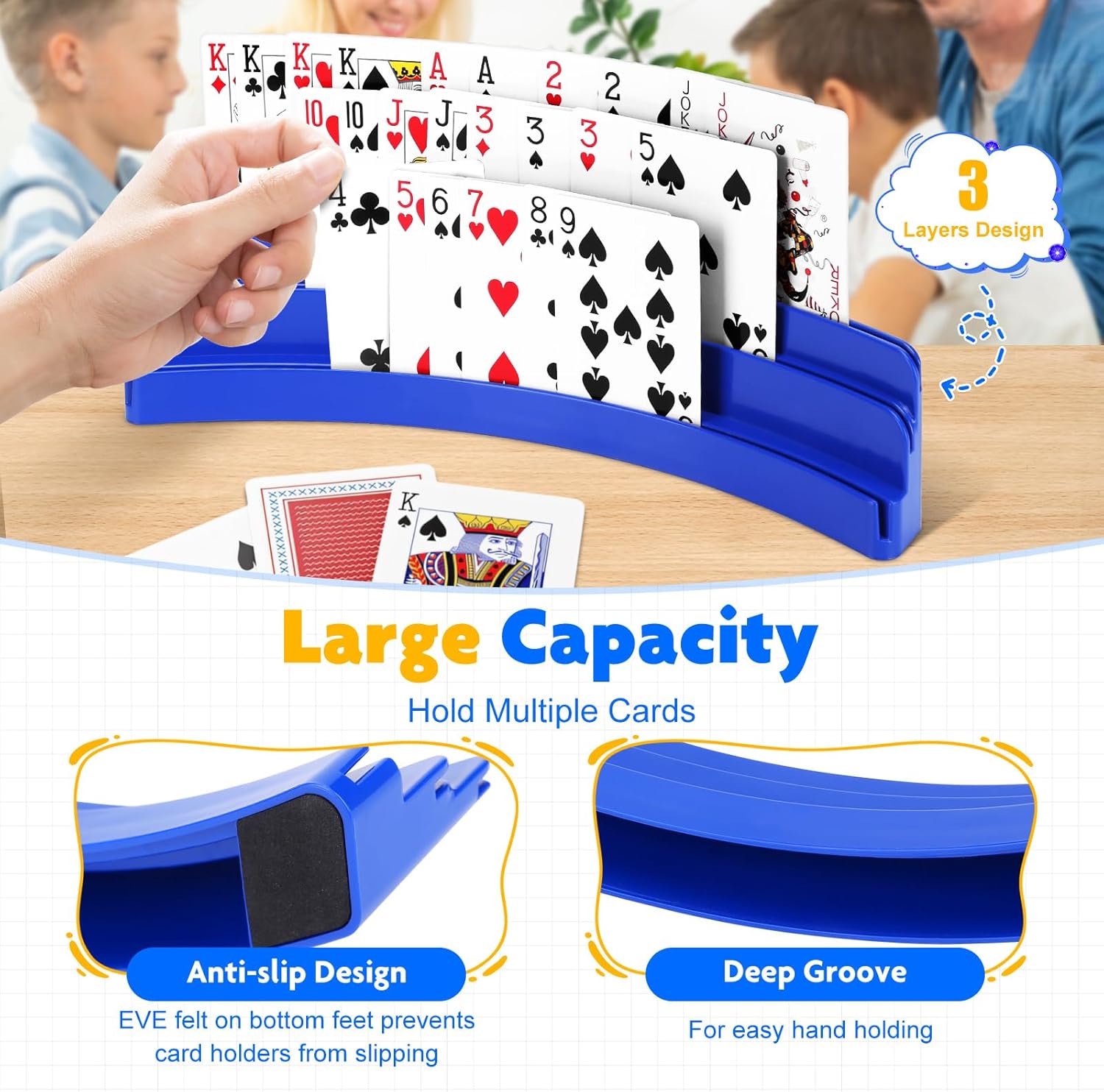 BOBOKA Card Holders for Playing Cards, Set of 4 Playing Card Holder for Kids and Adults, 3 Layers Design, Hands Free Cards Holders for Cards Game, Poker Parties, Family Card Game Nights