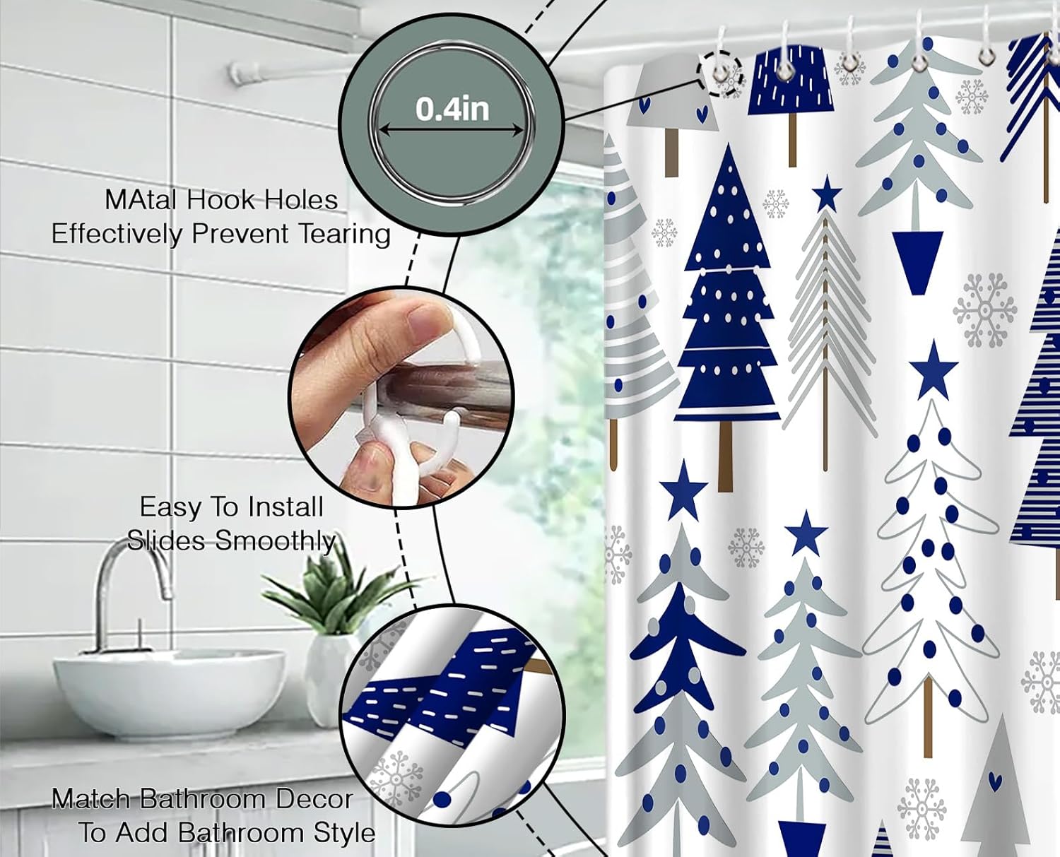 Merry Christmas Shower Curtain Colorful Xmas Tree Snowflake Blue Gray White Cartoon Rustic Farmhouse Vintage Winter Holiday Seasonal Festival Fabric Bathroom Decor Curtain with Hooks