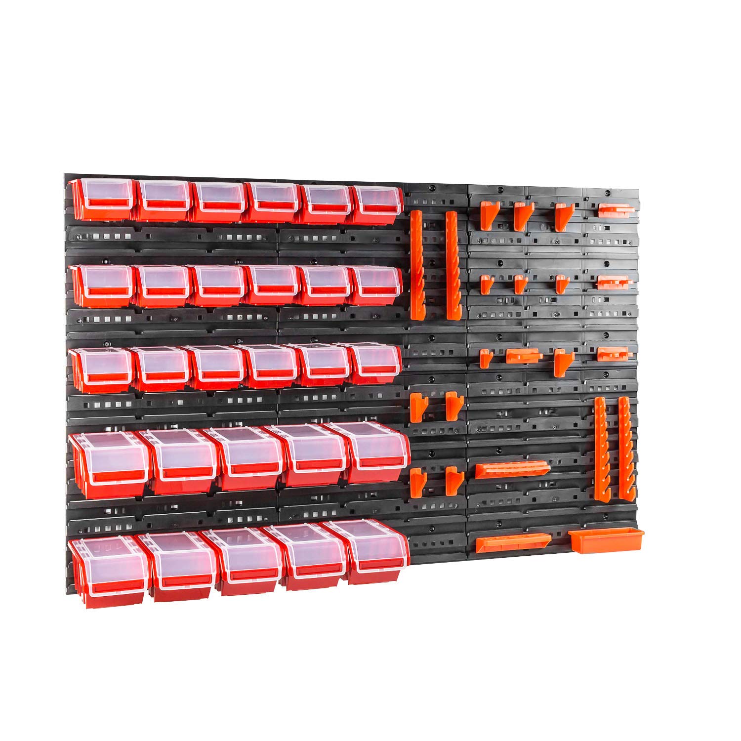 Werkzeugwand Kunststoff 120x80 cm Lagersystem mit Werkzeughaltern Werkzeughaken und 28 Stapelboxen 2 Groβe, Farbe Rot Lochbrett Werkstatt Garage Steckbrett Handwerkzeuge Lochwand